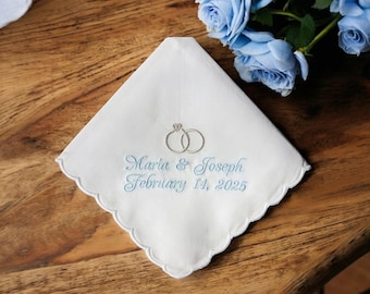 White cotton handkerchief embroidered with wedding rings, bride & groom names, and wedding date: Simply Sweet Hankies