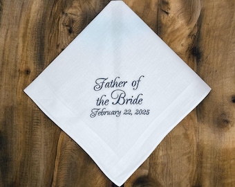 White cotton handkerchief embroidered with the words "Father of the Bride": Simply Sweet Hankies