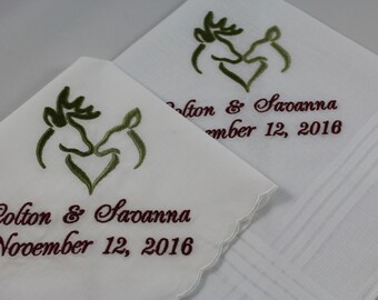 Wedding Handkerchiefs - Set of 2 - Embroidered - Deer - Antler - Camo - Rustic - Wedding Gift - Simply Sweet Hankies