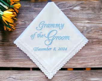 White cotton handkerchief embroidered with the words "Grammy of the Groom": Simply Sweet Hankies