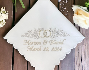 White cotton handkerchief with wedding rings and scroll design: Simply Sweet Hankies