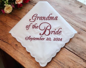 White cotton handkerchief embroidered with the words "Grandma of the Bride": Simply Sweet Hankies
