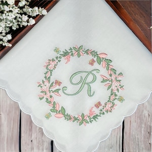 Floral Monogrammed Handkerchief - Custom Handkerchief - Wedding Tradition - Bridal Handkerchief