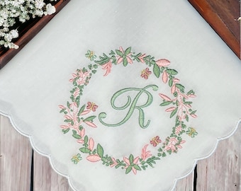 White cotton handkerchief with a floral design and your initial: Simply Sweet Hankies