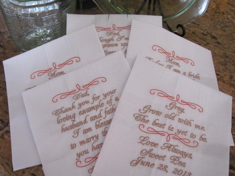 Embroidered Handkerchiefs -Parents of the Bride Simply Sweet Hankies Parents of the Groom Set of 5 Personalized Wedding Gift