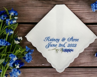 White cotton handkerchief with an embroidered Blue Bonnet design: Simply Sweet Hankies