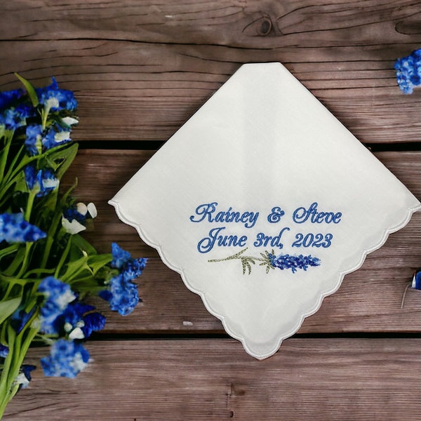 Blue Bonnets - Custom Handkerchief - Embroidered Bridal Hankie - Personalized Wedding Handkerchief