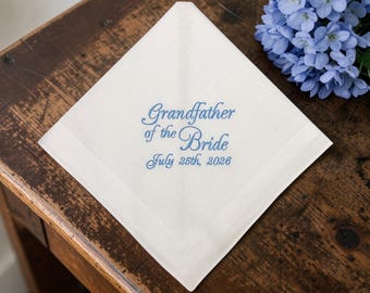 White cotton handkerchief embroidered with the words "Grandfather of the Bride": Simply Sweet Hankies