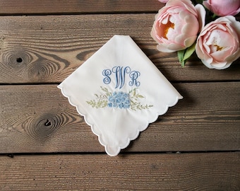 White cotton embroidered handkerchief with Monogramming and a Hydrangea design: Simply Sweet Hankies