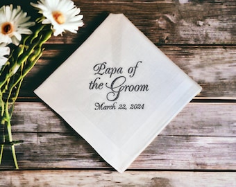 White cotton handkerchief embroidered with the words "Papa of the Groom": Simply Sweet Hankies
