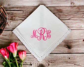 Monogrammed Lace Wedding Handkerchief: Embroidered Bridal Gift