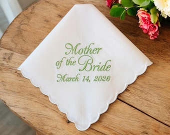 White cotton handkerchief embroidered with the words "Mother of the Bride": Simply Sweet Hankies