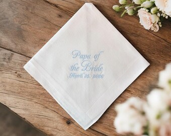 White cotton handkerchief embroidered with the words "Papa of the Bride": Simply Sweet Hankies