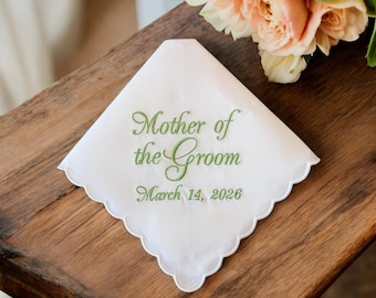 White cotton embroidered handkerchief with the words "Mother of the Groom": Simply Sweet Hankies