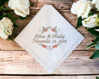 White cotton embroidered handkerchief with Bride and Grooms names/wedding date: Simply Sweet Hankies
