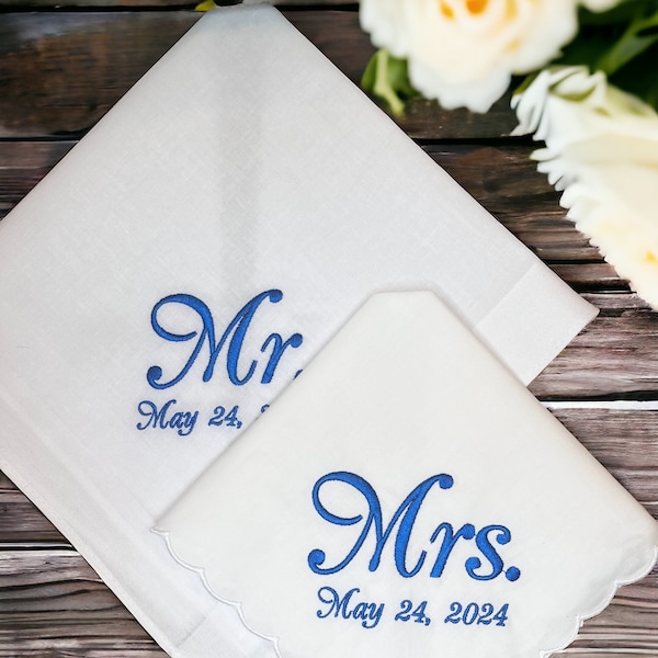 Set of 2 - Mr and Mrs - Embroidered Handkerchiefs - Bride and Groom - Wedding Gift - Simply Sweet Hankies