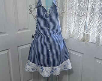 Upcycled Dress Shirt Apron, Blue and White striped shirt, Chicken Fabric