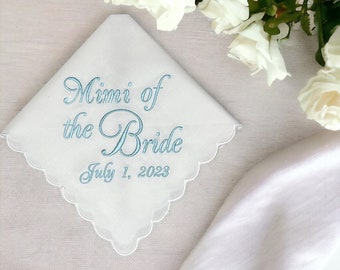 White cotton handkerchief embroidered with the words "Mimi of the Bride": Simply Sweet Hankies