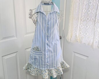 Upcycled Dress Shirt Apron, Blue and white striped shirt, Floral Fabric