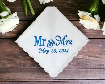 Mr. and Mrs. - Custom Handkerchief - Bridal Handkerchief - Something Blue for Bride