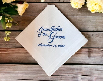 White cotton handkerchief embroidered with the words "Grandfather of the Groom": Simply Sweet Hankies