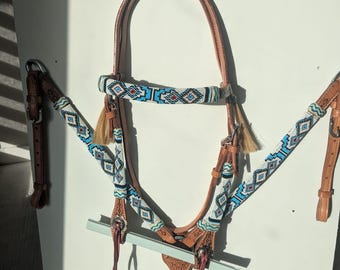 Turquoise Beaded Western Horse Tack Set – Leather Headstall & Breast Collar