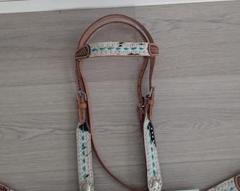 Ensemble Tête Et Collier Western En Cuir - Cristal Turquoise - HG543