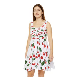 Cherry Skater Dress, Summer Swing Dress, Women&#39;s A-line Dress, Vintage Style Dress, Retro Fruit Print Dress