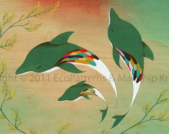 We Swim In Threes art print featuring dolphins