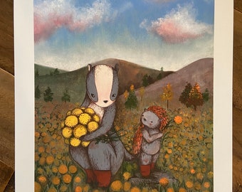 Fine Art Print ( Field Day) badger and hedgehog wall art