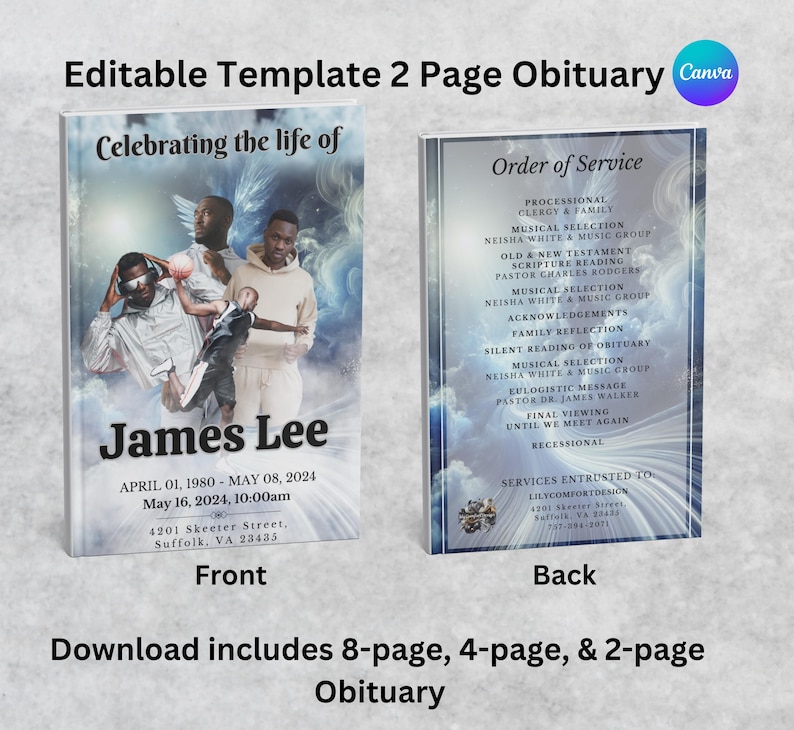 Editable Obituary Template Blue & White Funeral Program (digital(02)