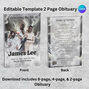 Editable Canva Obituary Template | Digital Funeral Program | 8-Page, 4-Page, & 2-Page Memorial Program | Instant Download | Black and White