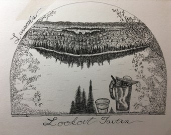 May include: Black and white pen and ink drawing of a scenic view from a window with the text "Laroo's Lookout Tavern" at the bottom.