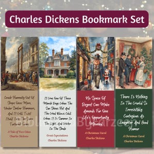 Może przedstawiać: Zestaw czterech zakładek do książek Charlesa Dickensa. Każda zakładka zawiera inną ilustrację i cytat z powieści Dickensa, w tym "Opowieść o dwóch miastach" i "Opowieść wigilijna". Zakładki są prostokątne z bordowym banerem u góry.