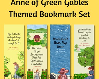 May include: Set of four bookmarks featuring illustrations from the Anne of Green Gables book series. Each bookmark features a quote from the books and a colorful illustration of Anne Shirley.
