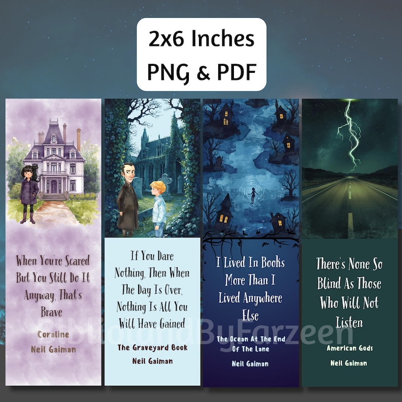 Pode incluir: Conjunto de quatro marcadores de livros, cada um com 5 x 15 cm, com ilustra&ccedil;&otilde;es e cita&ccedil;&otilde;es de livros de Neil Gaiman. Os designs incluem uma casa assombrada, figuras em um cemit&eacute;rio, uma cena de rio e uma estrada com raios.