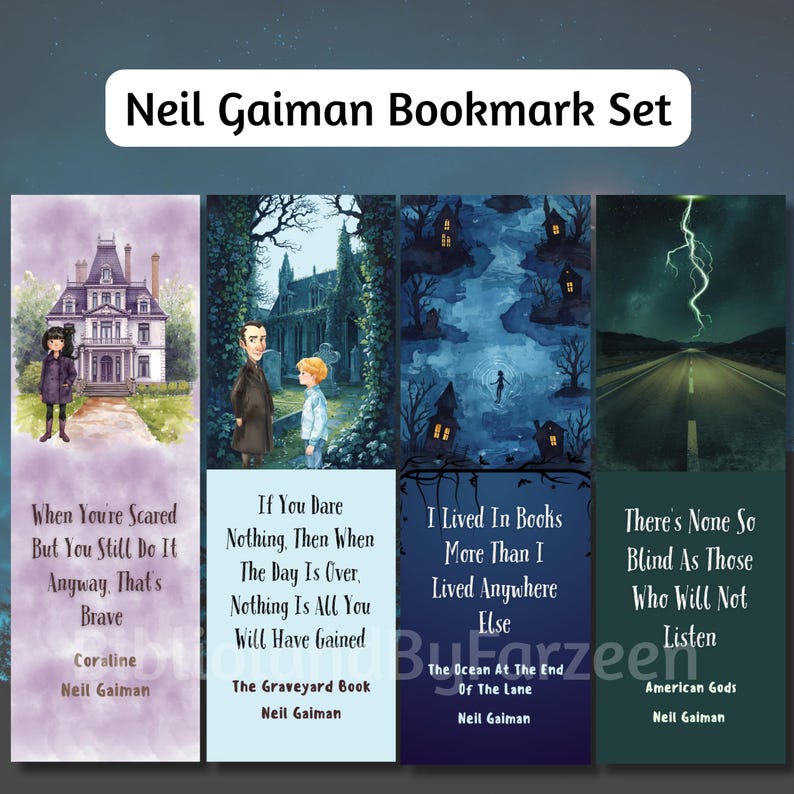 Pode incluir: Um conjunto de quatro marcadores de livros de Neil Gaiman. Cada marcador apresenta obras de arte e cita&ccedil;&otilde;es &uacute;nicas de seus livros, incluindo "Coraline", "O Livro do Cemit&eacute;rio", "Deuses Americanos" e "O Oceano no Fim do Caminho."