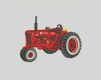 Broderidesign för vintage röd traktor, klassisk gårdsmaskinfil (digital nedladdning)