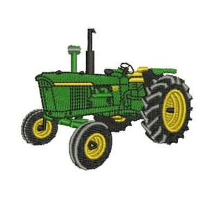 Könnte beinhalten: Gesticktes Bild eines grünen Traktors mit gelben Akzenten. Der Traktor hat große schwarze Reifen mit gelben Felgen. Das Design befindet sich auf weißem Hintergrund.