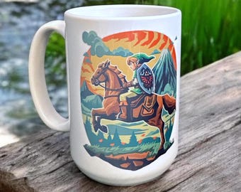 Legend of Zelda Inspired Hyrule Field Sticker Style Mug –15 oz Ceramic– Link and Epona Inspired Design –  Gamer Gift – Video Game Coffee Cup
