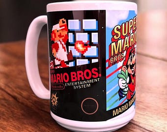 Super Mario Bros NES Trilogy Box Art Mug – Retro Nintendo Coffee Cup Featuring SMB 1, 2 & 3 Covers – 8 Bit Printing Gift for Gamers