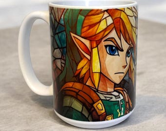 Legend of Zelda Inspired Stained Glass Mug – 15 oz Ceramic – Link Ocarina of Time Inspired – Gamer Gift – Video Game Coffee Cup