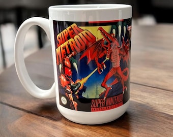 Super Metroid Box Art Mug – 15 oz Ceramic – Super Nintendo SNES Cover Design – Retro Gaming – Classic Video Game Coffee Cup