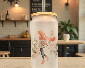 Celeste Madeline Inspired Frosted Glass Can 18 oz – Indie Game Botanical Watercolor Cup, Bamboo Lid & Straw, Iced Coffee Glass - Gamer Gift