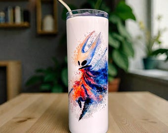 Silksong Hornet Inspired 20 oz Skinny Tumbler – Watercolor Splash Art, Vacuum Insulated Stainless, Straight Cup w/ Lid & Metal Straw