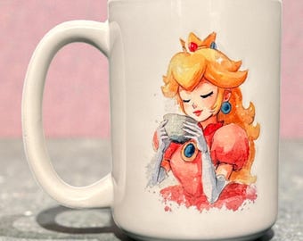Video Game Princess Watercolor Mug – 15 oz Ceramic Coffee Cup –Inspired Cute Gamer Gift - Pink Watercolor Art Mug - Princess Gift