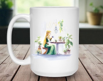 Cozy Zelda-Inspired Mug • 15oz Ceramic Coffee Cup • Houseplant Cottagecore Gamer Aesthetic • Gift for Nintendo Fans, Her, Him - Gift Idea