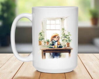 Celeste Inspired Madeline Mug – 15oz Ceramic Coffee Cup | Cozy Gamer Aesthetic, Indie Game Art, Plant Room Vibes | Dishwasher/Microwave Safe