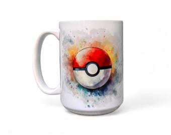 Pokémon Inspired Coffee Mug – 15 oz Ceramic – Minimalist Watercolor Poké Ball Inspired Design – Gamer Gift – Pokémon Trainer Mug
