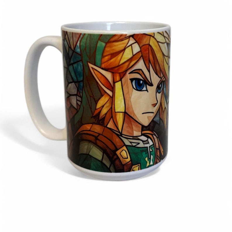Link Legend of Zelda Inspired Stained Glass Look Coffee Mug Video Game Mug Cup